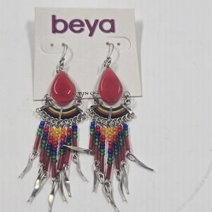 Beya Red Faux Stone Rainbow Beaded Fringe Drop Earrings Silver Tone C067005